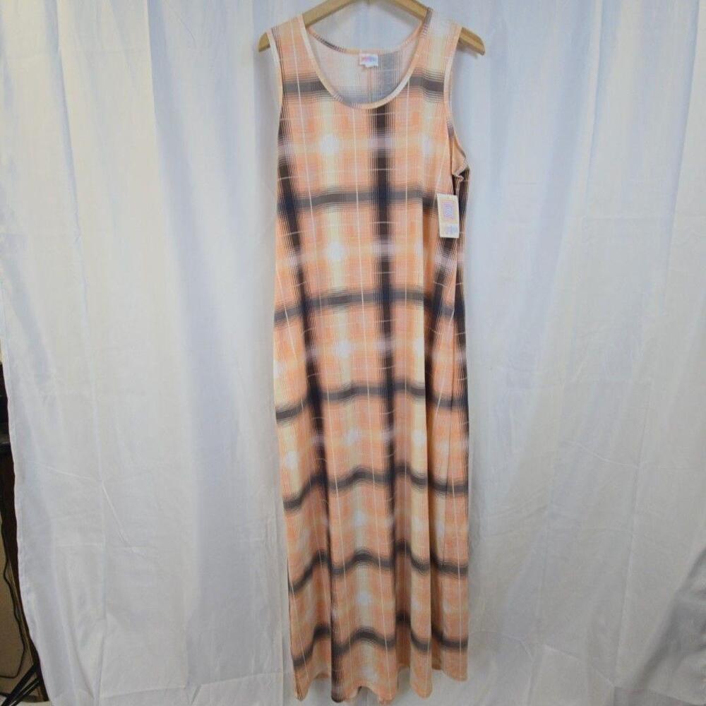 LuLaRoe Dani Dress Womens 2XL Orange Plaid Sleeveless Maxi Tank Stretch Knit